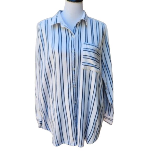 Liz Claiborne Striped Button-Up Blouse White Blue Pocket Square Cotton Blend - Picture 1 of 16